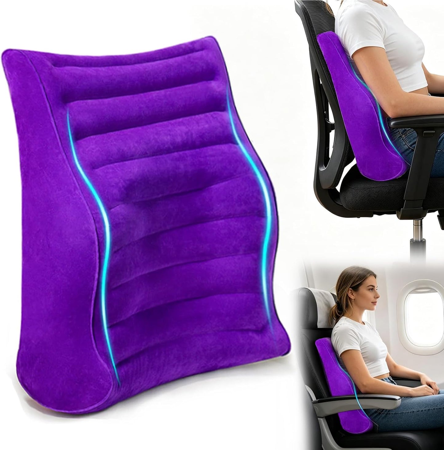 Inflatable Lumbar Pillow for Airplane Travel, S-Curve Lumbar Support Pillow | Ergonomic Back Support Cushion for Office Chair, Car, Couch, Driving Seat, Long Flight, Portable, Lightweight, Purple