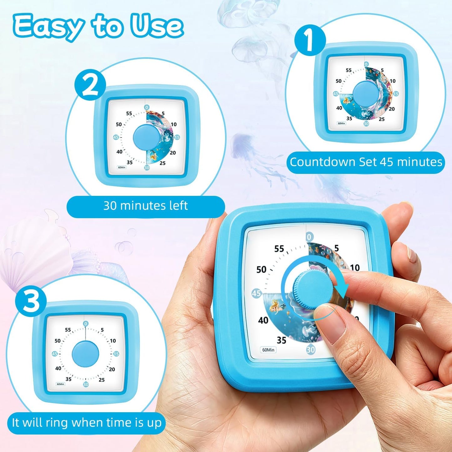 Kids Visual Timer 60 Minute – Countdown Clock for Homework, Kitchen Timer for Cooking, Silent Mini Timer with Cute Mermaid Shell Pattern, Gift Timers for Kids Focus & Daily Routines, Purple