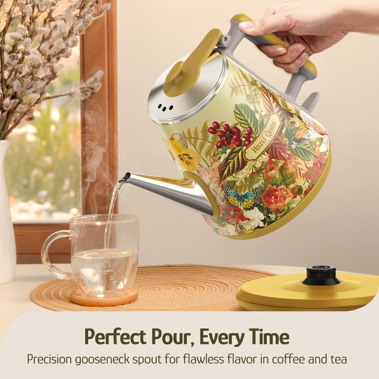 Hazel Quinn Electric Kettle, 1L/34oz Small Tea Kettle - Pearl White | 800W Fast Boil, 304 Stainless Steel Interior, Double-Wall Cool Touch, Gooseneck Spout, Auto Shut-Off, BPA-Free Cordless Home