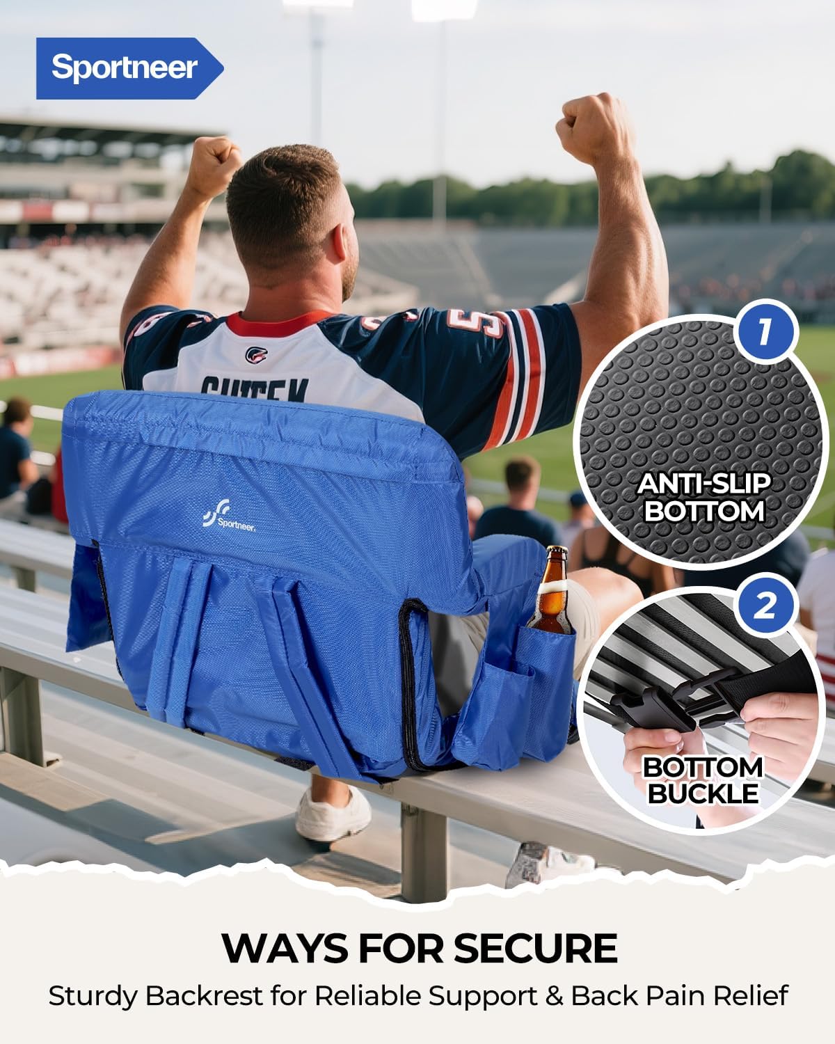 Sportneer Stadium Seats with Back Support: 2.5'' Thick Comfy Cushion 6 Adjustable Angle Bleacher Seat with Armrest - 2 Large Pockets, 2 Cup Holders Stadium Chair for Sport Events Concerts Parks