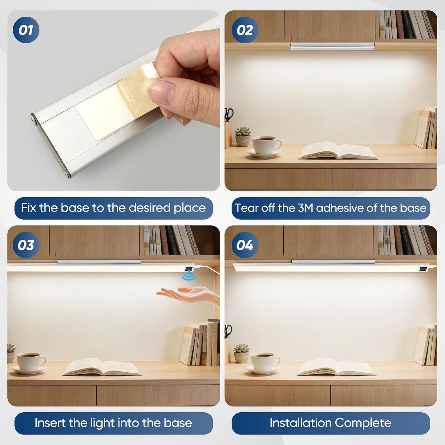 HEYAN 16inch Under Cabinet Lighting, Wall-Mounted Study Lights | 3 Color Temps&Dimmable Hand Sweep Sensor, 90° Rotatable ,Non-Rechargeable, Magnetic Under Closet Lights for Reading,Work
