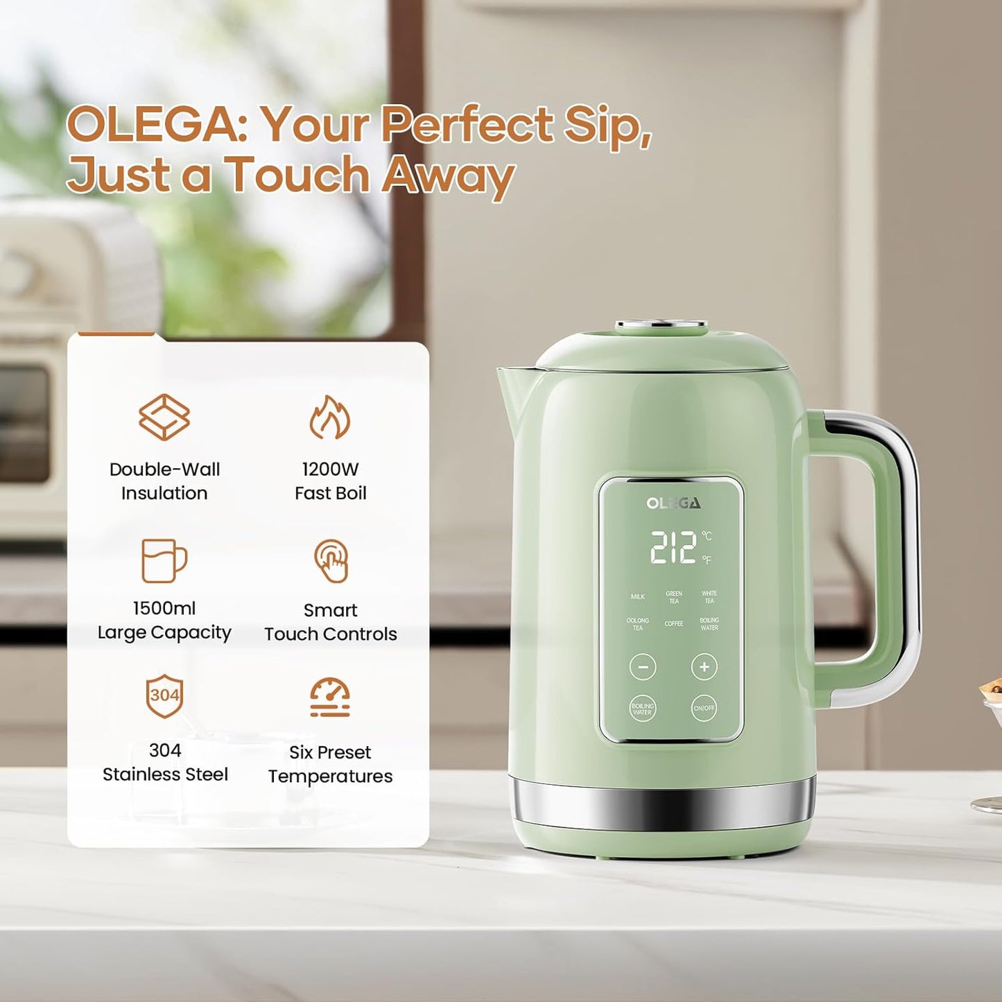 Electric Kettle Temperature Control: OLEGA 1.5L Smart Kettle 1200W | Stainless Steel Hot Water Boiler, 6 Temp Presets, Fast Boiling Electric Tea & Coffee Kettle