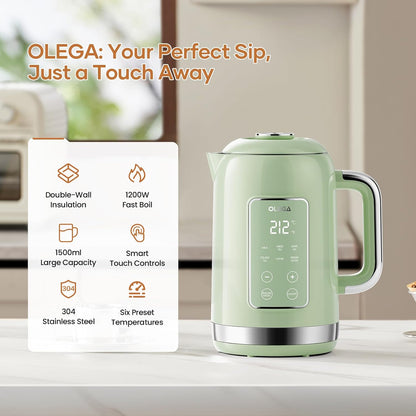 Electric Kettle Temperature Control: OLEGA 1.5L Smart Kettle 1200W | Stainless Steel Hot Water Boiler, 6 Temp Presets, Fast Boiling Electric Tea & Coffee Kettle