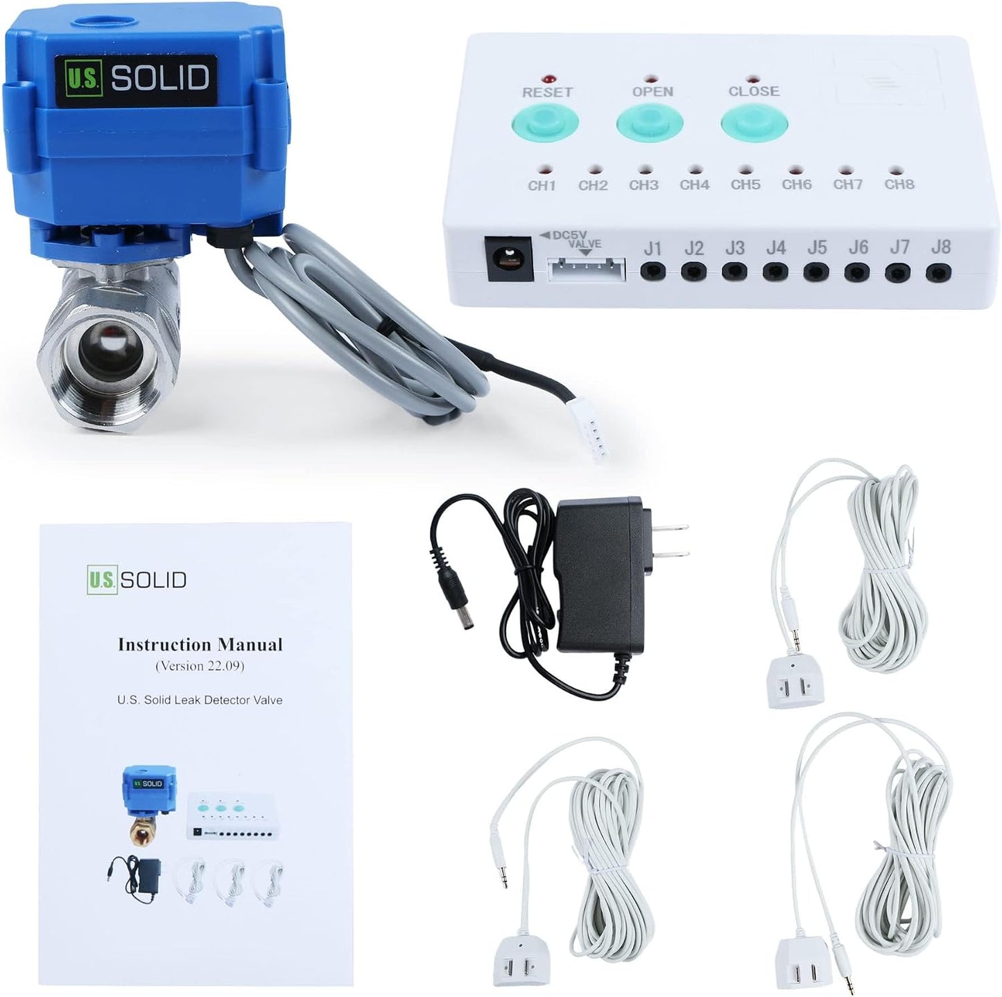 U.S. Solid Water Leak Detector with Auto Shutoff Valve, Sound Alarm, 3/4" Motorized Brass Ball Valve & 3 Sensors, Home Flood Prevention & Water Damage Defense for Basement, Laundry, Water Heater