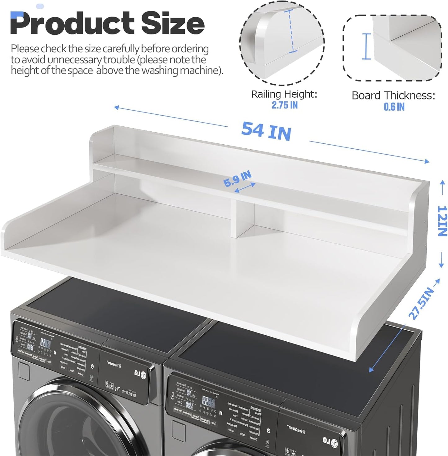 2-Tier Washer and Dryer Countertop with 2.75" H Guard,54" W x 27.5" D Laundry Countertop Cover with Non-Slip Pad,Large Space Laundry Topper for Folding Clothes Over Washer and Dryer-White