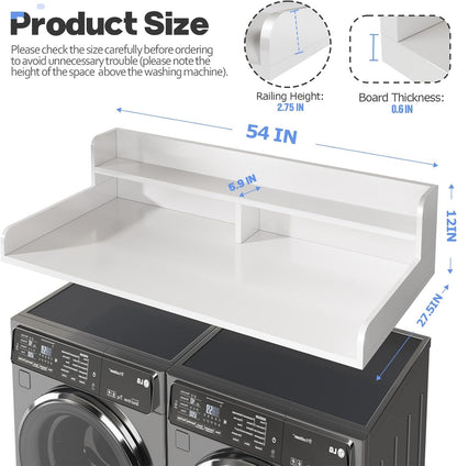 2-Tier Washer and Dryer Countertop with 2.75" H Guard,54" W x 27.5" D Laundry Countertop Cover with Non-Slip Pad,Large Space Laundry Topper for Folding Clothes Over Washer and Dryer-White