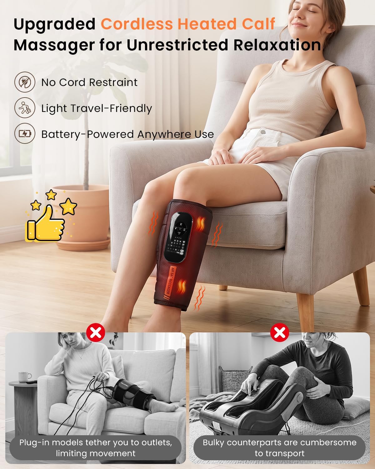 Cordless Calf Massager with Heat and Compression, Single Leg Sleeve | Rechargeable calf massager with air compression, heat, vibration, 5 intensities and multiple modes for Relax Gym