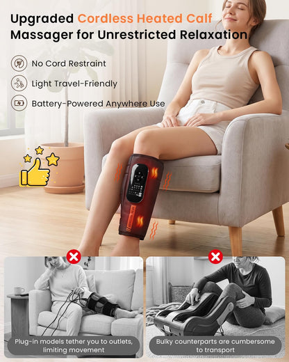 Cordless Calf Massager with Heat and Compression, Single Leg Sleeve | Rechargeable calf massager with air compression, heat, vibration, 5 intensities and multiple modes for Relax Gym