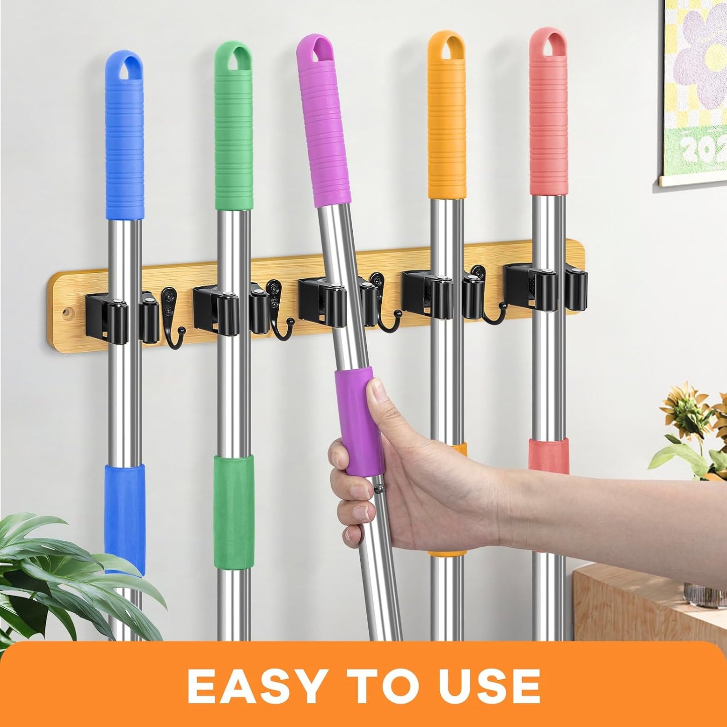 IMILLET Broom Holder Wall Mount, Rustic Broom Hanger for Laundry Room | Wood Broom and Mop Organization and Storage, Mop Holder for Home Decor, Garden, Garage, Closet, 5 Racks and 4 Hooks, Brown