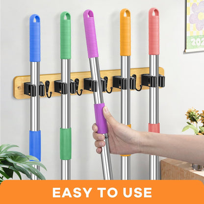 IMILLET Broom Holder Wall Mount, Rustic Broom Hanger for Laundry Room | Wood Broom and Mop Organization and Storage, Mop Holder for Home Decor, Garden, Garage, Closet, 5 Racks and 4 Hooks, Brown