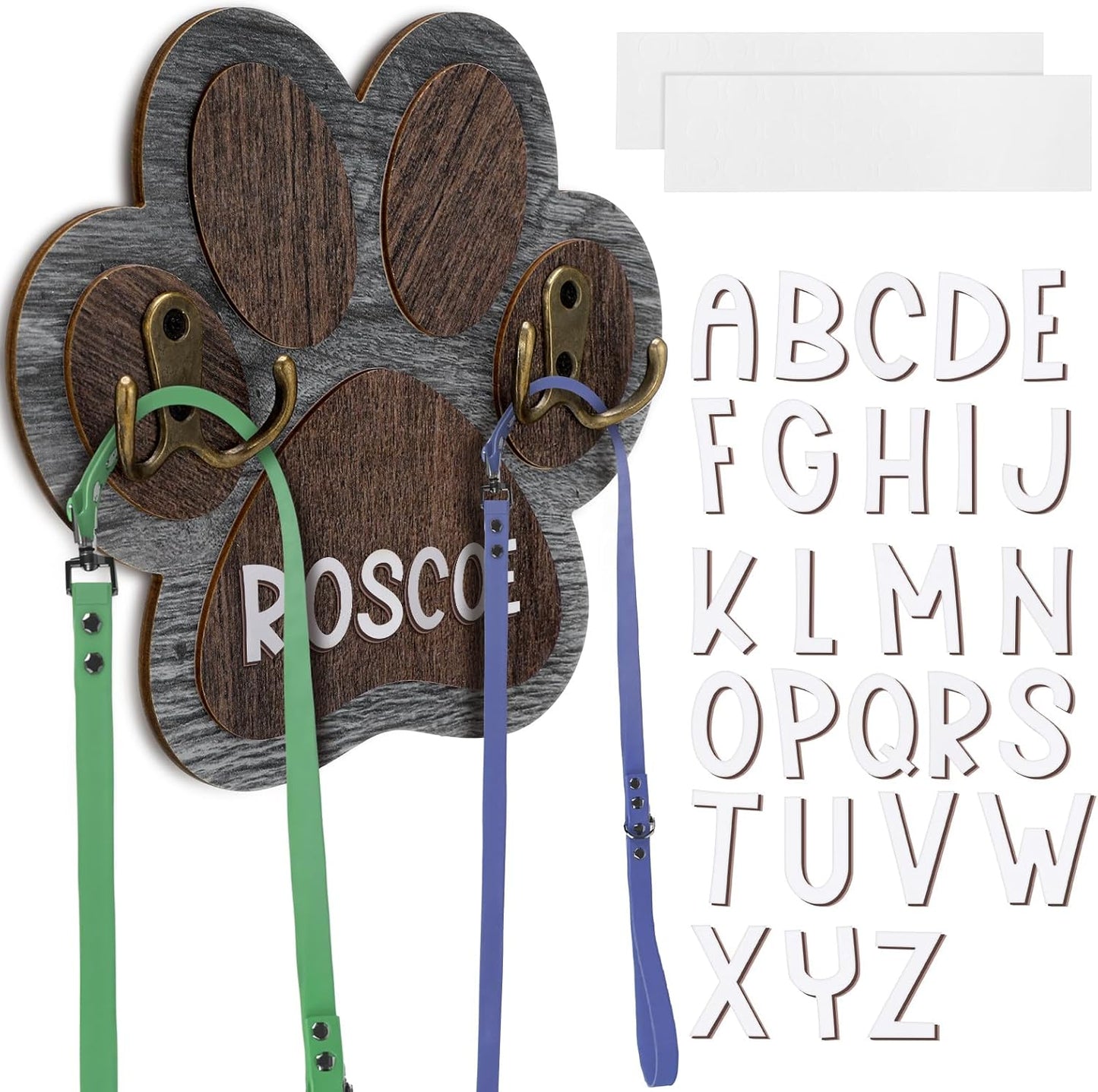 Kathfly Wooden Dog Leash Holder for Wall Paw-Shaped Pet Harness Hanger 52 Letters Leash Hook Hangers Cat Collar Organizer Keychain Towels for Entryway Pet Loss Gifts Keepsake Home Decor (Double Hook)