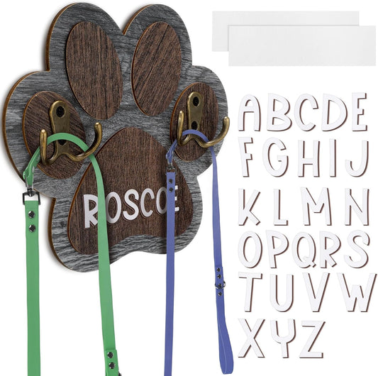 Kathfly Wooden Dog Leash Holder for Wall Paw-Shaped Pet Harness Hanger 52 Letters Leash Hook Hangers Cat Collar Organizer Keychain Towels for Entryway Pet Loss Gifts Keepsake Home Decor (Double Hook)