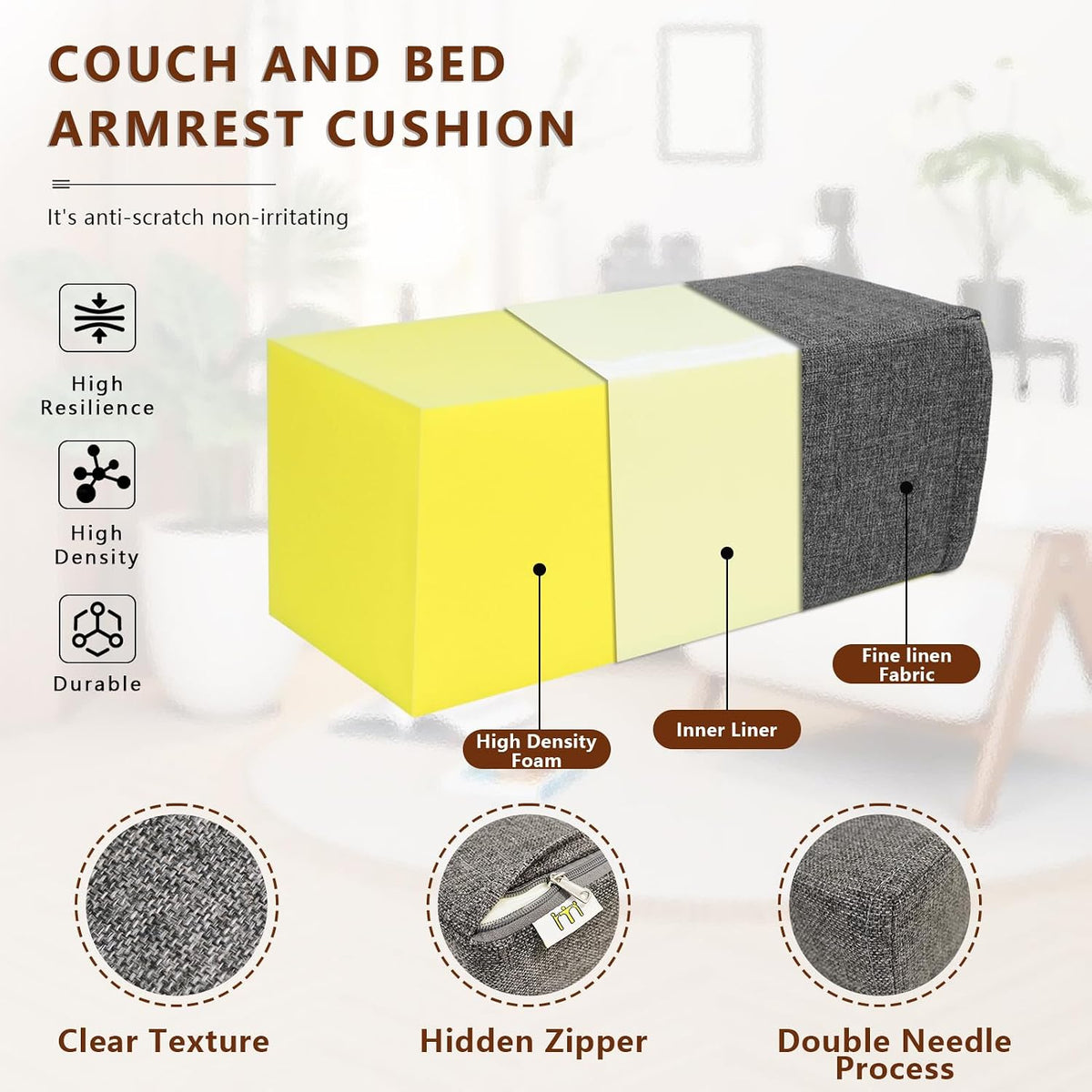 2 Pack Couch Arm Rest Pillow, 6''x6''x20'' Faux Leather Waterproof Cover, High Density Foam Armrest Cushion, Removable & Washable Elbow Support for Sofa, Bed, and Armchair (Medium Grey)