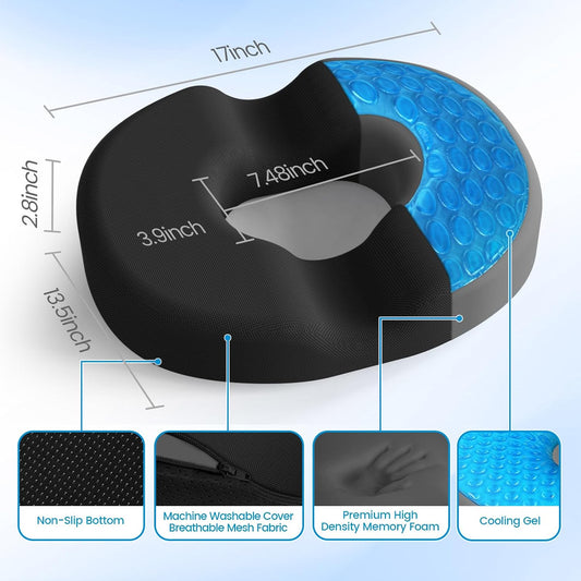 Donut Pillow Seat Cushion, Cooling Gel Memory Foam Chair Cushion, Black | Office, Home & Car Seat Cushion, Butt Pillow for Tailbone Pain Relief, Hemorrhoids and Everyday Sitting Comfort