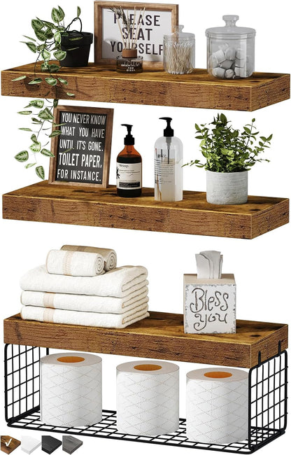 QEEIG Bathroom Shelves Over Toilet - Wall Mounted Floating Shelves Toilet Paper Storage Small Farmhouse Decor Shelf 16 inch Set of 3, Rustic Brown (019-BN3)