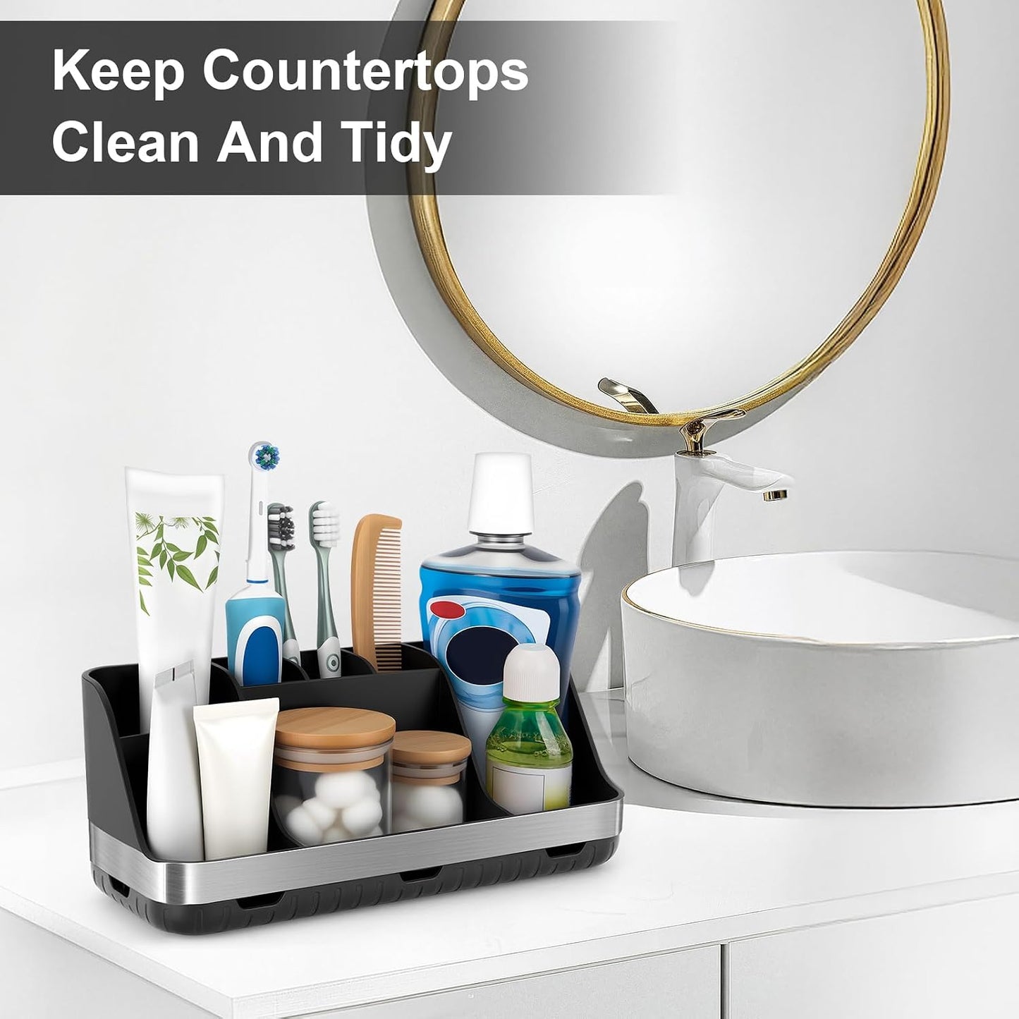 GFWARE Black Toothbrush Holder - 7 Slots Bathroom Organizer Countertop with Drainage Matte Black Electric Toothbrush and Toothpaste Holder for Bathroom Accessories Sink Storage