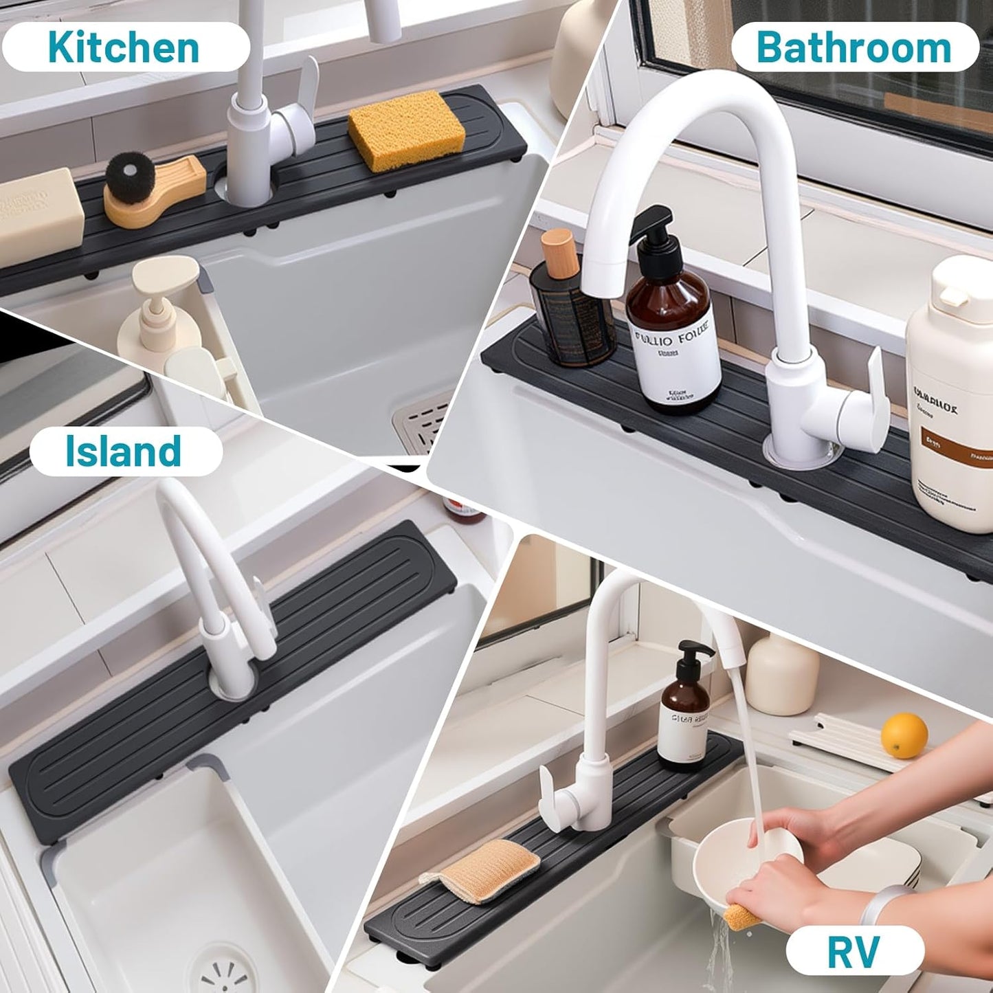 Faucet Mat for Kitchen Sink with Raised Feet, Stone Sink Mat Quick Dry around Faucet, Water Absorbent Stone Tray, Sink Splash Guard & Protectors, Stone Drying Mat for kitchen Counter