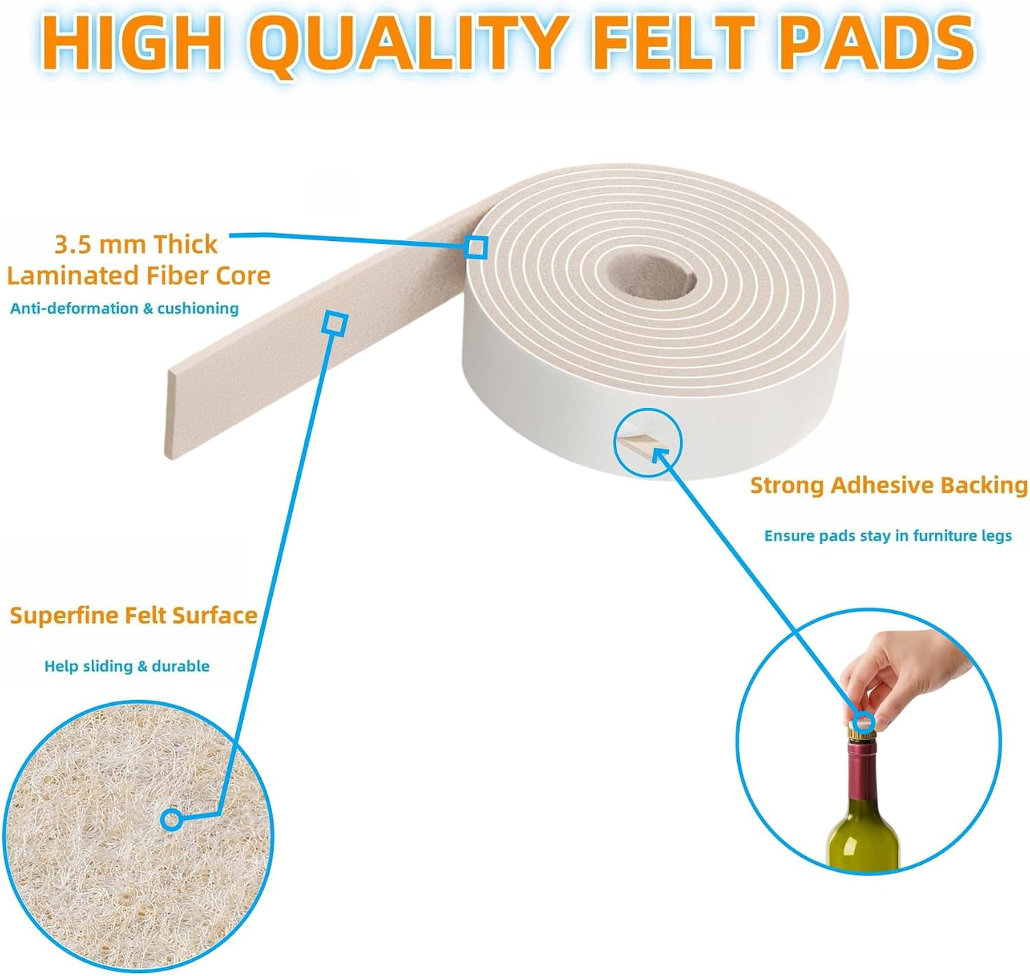 Felt Strips with Adhesive Backing Heavy Duty Cuttable Felt Tape Roll Furniture Pads for Chair Legs - Protecting Hardwood Floors, Chair Wall Protector (Black, 80 x 0.5 x 0.14 Inch)