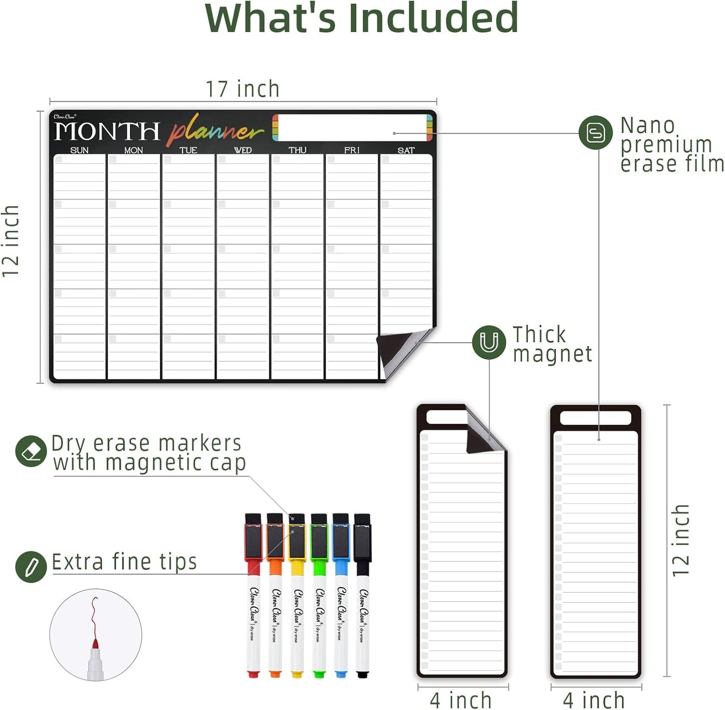 Magnetic Dry Erase Monthly Calendar Set - 15.5"x13" Monthly and 8.5"x13" Weekly Calendar for Fridge - 6 Extra Fine Point Markers Included - Shipped Flat