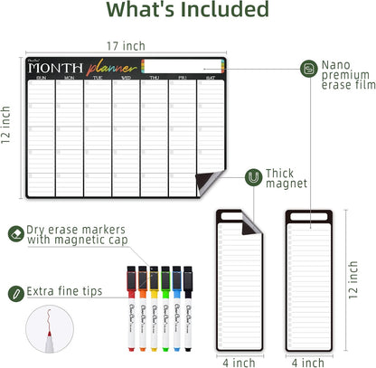 Magnetic Dry Erase Monthly Calendar Set - 15.5"x13" Monthly and 8.5"x13" Weekly Calendar for Fridge - 6 Extra Fine Point Markers Included - Shipped Flat