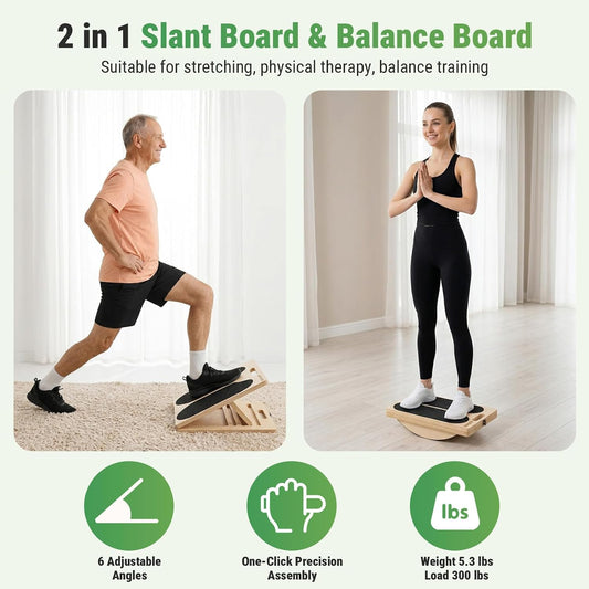 Wooden Slant Board, 2-in-1 Adjustable Calf Stretcher, 300lb | 180° Adjustable,6 Angle,withTraining Poster,Portable Incline Board,Physical Therapy,Ankle Stretching