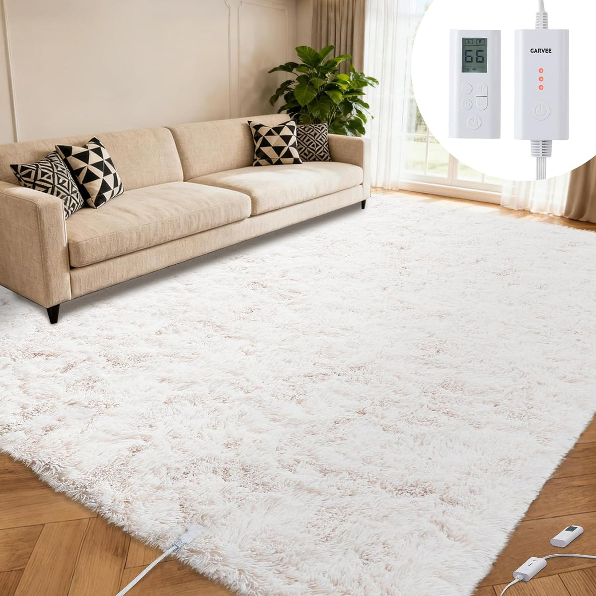 GarveeHome 8x10 ft Wireless Heated Floor Mat, Heated Rug Gaming Rug with 6 Heat Levels & 10H Auto Off, Soft Plush Heating Carpet Foot Warmer for Living Room Bedroom Office Playroom, White