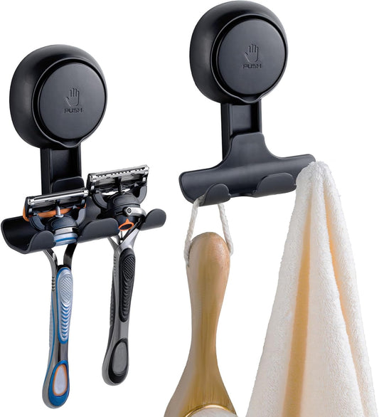 TAILI No Drill Powerful Suction Cup Razor Holder for Shower 2 Pack, Black | Waterproof, Towel, Loofah, Shaver Holder for Shower Wall, Powerful Suction Cup Hooks for Bathroom, Easy to Install and Reuse