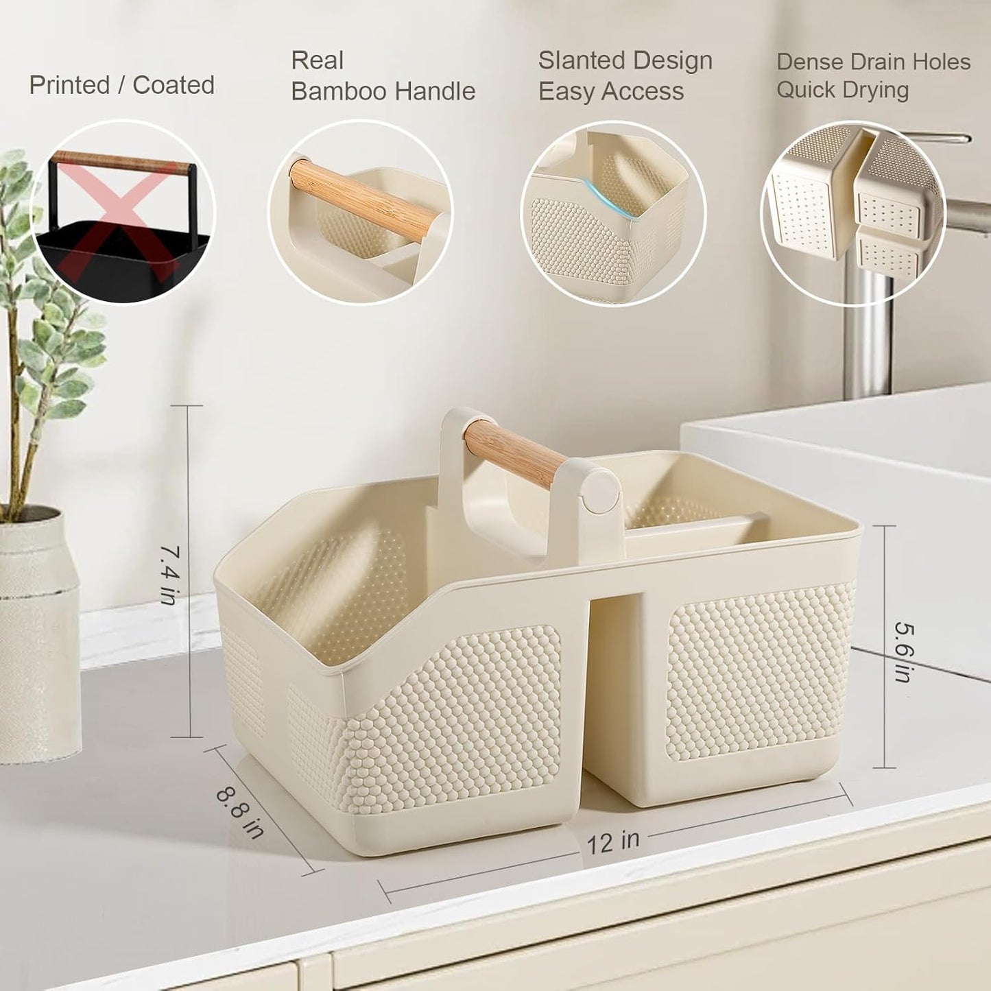 Plastic Shower Caddy Portable Shower Basket with Bamboo Handle, White | Cleaning Caddy Organizer Storage Tote for Bathroom, College Dorm Essentials, Bath Toy Storage