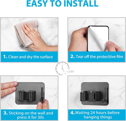 homeasy Broom Holder Wall Mount 4Pcs, Self Adhesive Mop Broom Hanger Black | Self adhesive stainless steel broom organizer with 4 hooks, holds mops, brooms and garden tools without drilling