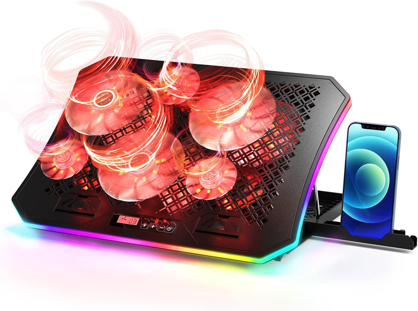 KeiBn Upgarde Laptop Cooling Pad, RGB Lights Laptop Cooler 6 Fans for 15.6-17.3 Inch Laptops, 7 Height Stands, 10 Modes Light, 2 USB Ports, Desk or Lap Use (A8,Blue)