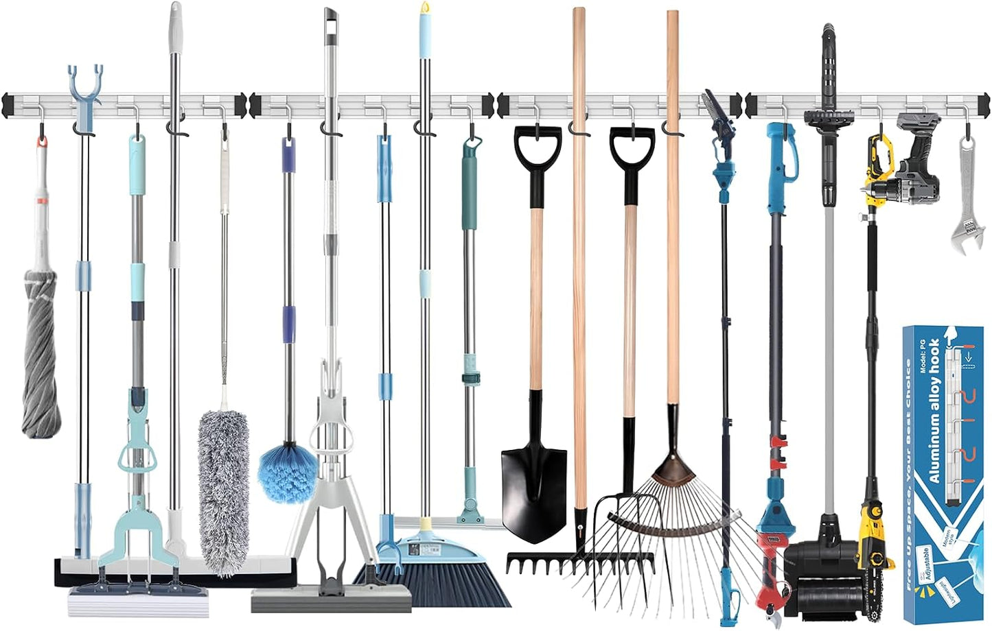 Mop and Broom Holder Wall Mount Garden Tool Rack Organizer | Modern Style, Movable Aluminum Alloy Wall Mounted Hook, Storage Gift for Bathroom, Closet, Laundry Room, Garage, Tool Room