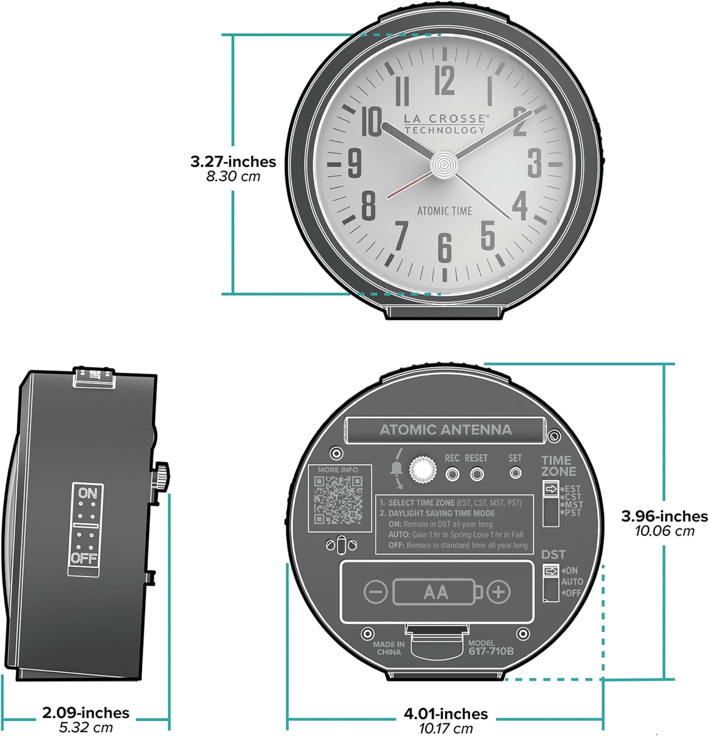 La Crosse Technology 617-710B-INT 4-Inch Round Black Atomic Analog Alarm Clock