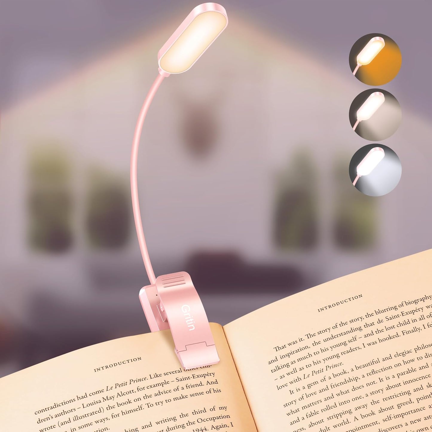 Gritin 16 LED Rechargeable Book Light for Reading in Bed | Eye Caring 3 Color Temperatures,Stepless Dimming Brightness,80 Hrs Runtime,Lightweight Flexible Clip on Light for Book Lovers