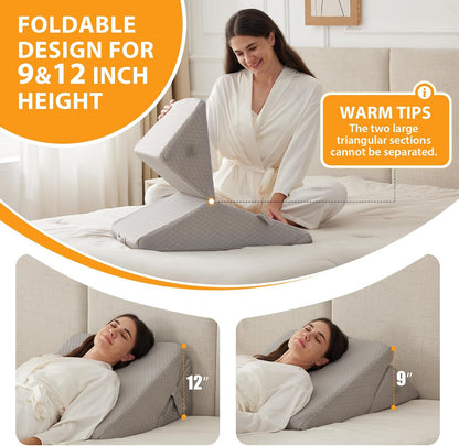 Ruqmuis Wedge Pillow Set for After Surgery, 3PCS Adjustable 9&12 Inch Bed Wedge Pillow for Sleeping, Incline Pillow Wedge for Headboard, Post Surgery, Acid Reflux, Neck&Back Support, White/Grey