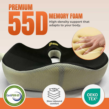 Patented 55D Orthopedic Memory Foam Seat Cushion – Ergonomic Office Chair & Car Seat Cushion, Contoured Coccyx Pillow for Tailbone, Hip & Lower Back Comfort – Ideal for Home, Driving & Long Sitting