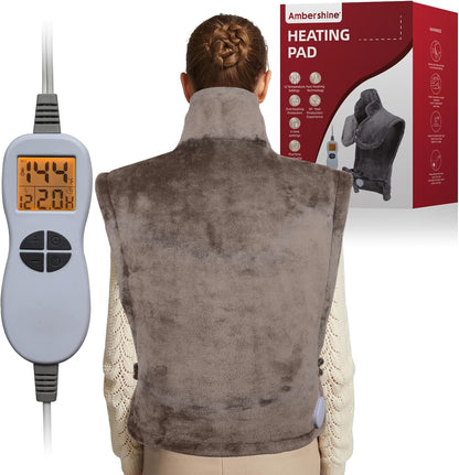 Ambershine 19''x24'' Weighted Neck & Shoulder Heating Pad, 2.5lbs with 12 Temperature Settings& 4 Auto-Off Timers, Pain Relief for Neck/Shoulder/Back(Gray&Blue)