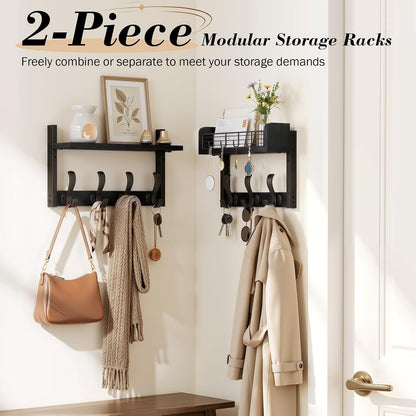 Delamu 29" Large Coat Rack Wall Mount with Shelf, 4 in 1 Shelf with 11 Hooks, Wooden Key and Mail Holder for Wall for Entryway, Living Room and Bedroom, Brown