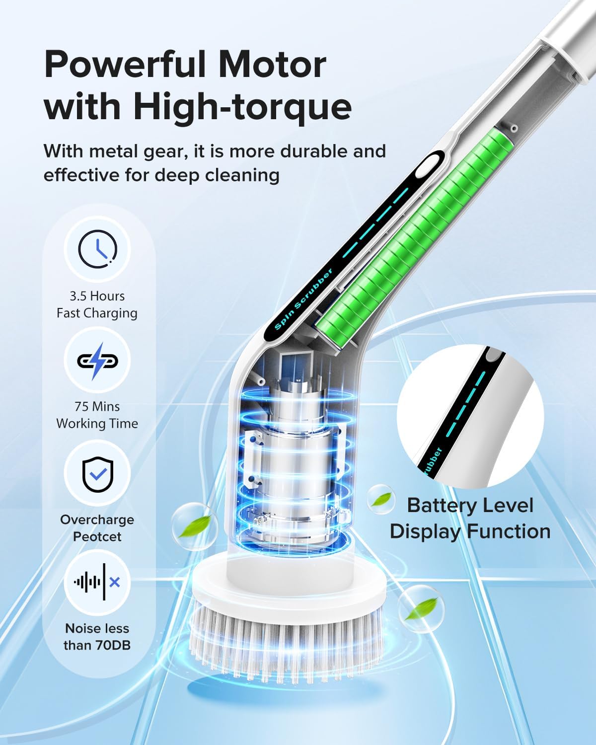 Electric Spin Scrubber, Shower Cleaner with Adjustable Extension Handle | Cordless IPX7 Waterproof 2 Speeds 5 Replaceable Heads for Bathroom,Toilet, Bathtub, Kitchen, Tile Floors