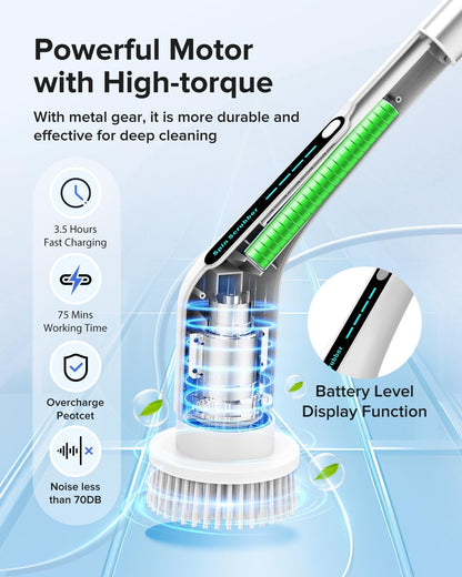Electric Spin Scrubber, Shower Cleaner with Adjustable Extension Handle | Cordless IPX7 Waterproof 2 Speeds 5 Replaceable Heads for Bathroom,Toilet, Bathtub, Kitchen, Tile Floors