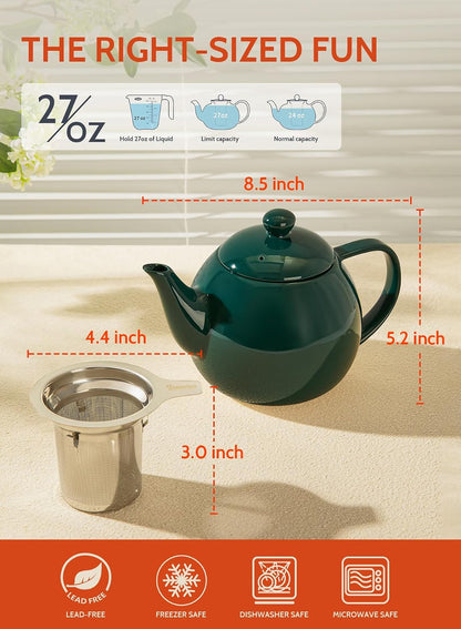 Sweese Teapots for Tea, 27 oz Porcelain Tea pot with Removable Stainless Steel Infuser, Tea Pots for Loose Tea - White