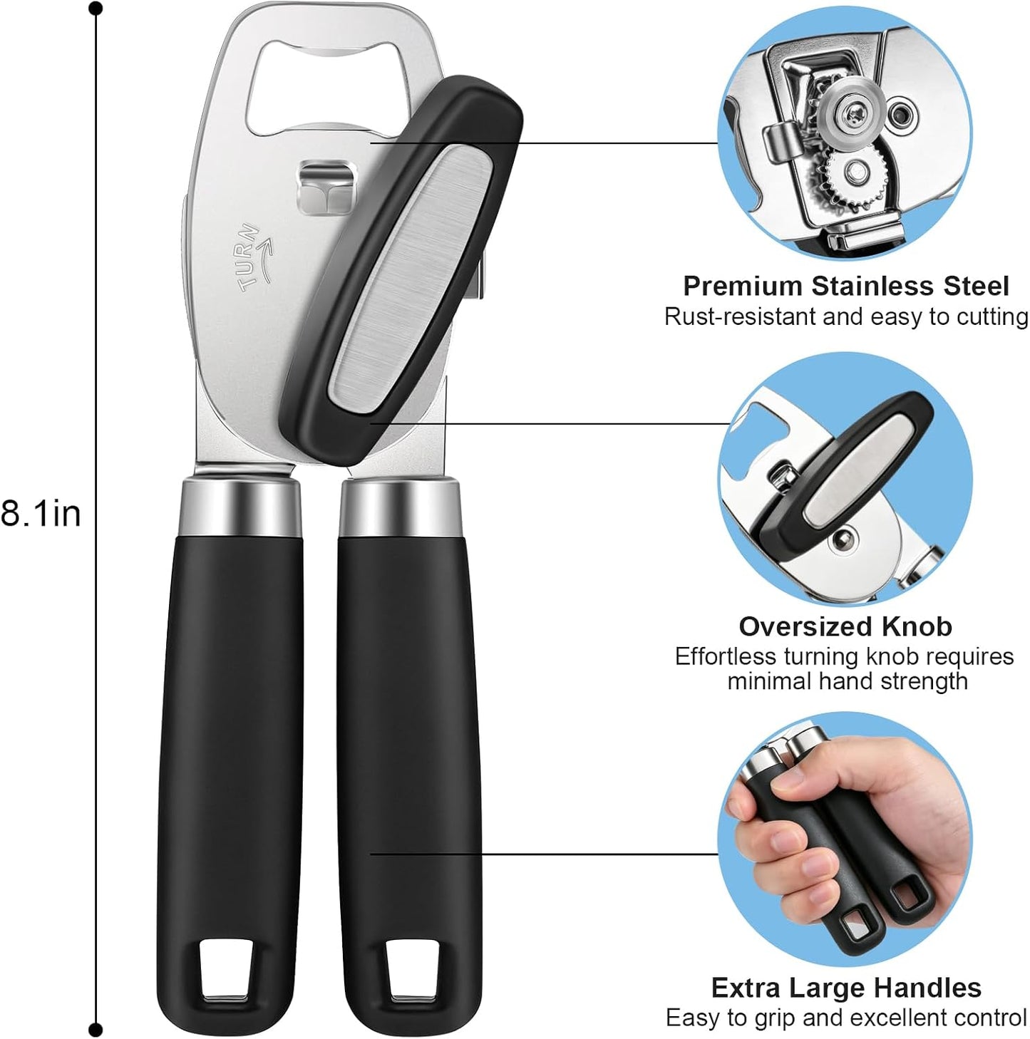 Can Opener Manual Heavy Duty Stainless Steel | with Magnetic Lid Lifter, Sharp Cutting Wheel, Soft Ergonomic Handle, Oversized Turn Knob, Multifunctional Kitchen Tool