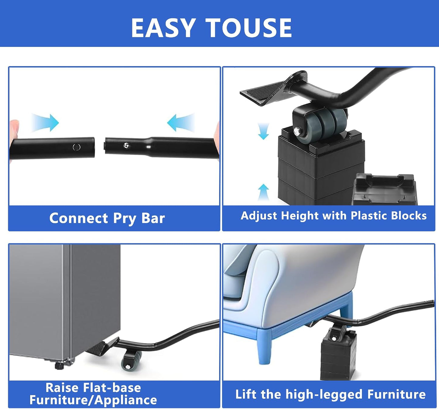 Furniture Metal Lifters for Sofa Refrigerator Washing Machine, 6PCA | Furniture Lifter Tool, Lifts Up to 400 Lbs, Wheels Easily Safe to Move Sofa, 4 Raise Blocks, 2 Protective Pads