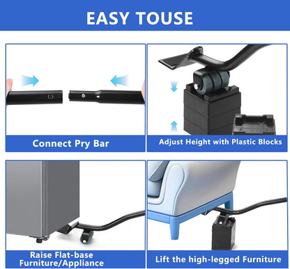 Furniture Metal Lifters for Sofa Refrigerator Washing Machine, 6PCA | Furniture Lifter Tool, Lifts Up to 400 Lbs, Wheels Easily Safe to Move Sofa, 4 Raise Blocks, 2 Protective Pads