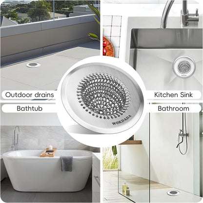 Shower Drain Hair Catcher, Patented Bathtub Drain Cover, Anti-Clog | Reversible Flip Clean, Fast Drainage, Anti-Slip Base, 304 Stainless Steel Chain Mail Mesh, 4.4" for Bathtub & Shower Drains