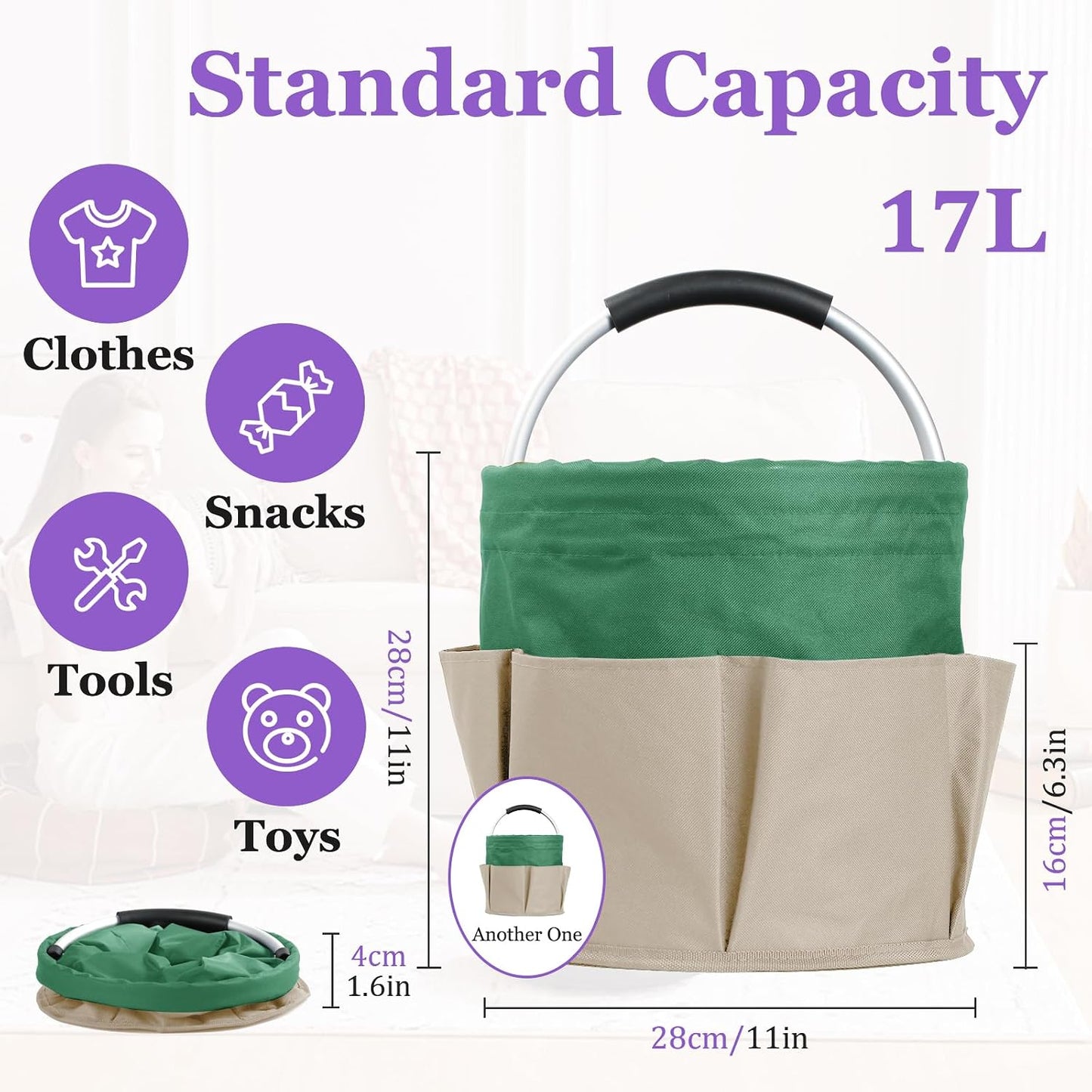 17L Cleaning Caddy with Handle and 6 Pockets, Foldable Cleaning Supply Caddy, Portable Shower Caddy in 600D Oxford Fabric, Multifunctional Storage Basket for Camping, Gardening, Black