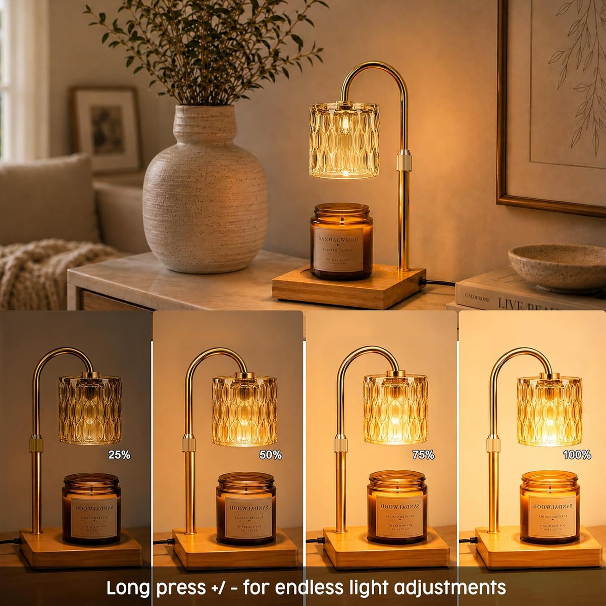 Candle Warmer Lamp with 3 Bulbs, Adjustable Height Dimmable Candle Warmer with Timer, Candle Lamp with Charming Gift Box Ribbon,Birthday Gifts for Women Mom, House Warming Gifts New Home Decor