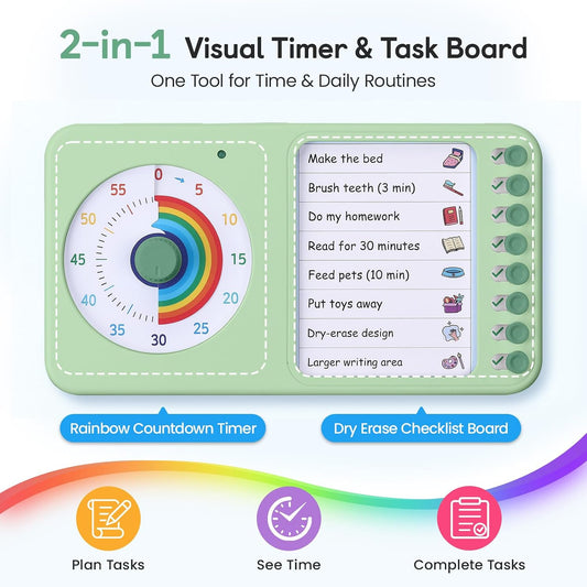 2-in-1 Visual Timer ADHD with Task Board, to-Do List, Checklist | Dry Erase Chore Chart and Visual Schedule for Kids ADHD, Rainbow Countdown Timer for Classroom, Home, Homeschool (White)