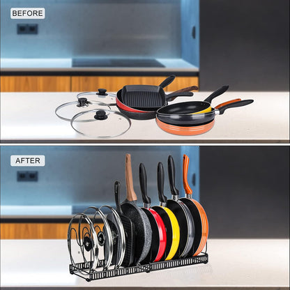 Toplife Pot Lids Organizer Rack for Cabinet and Countertop, 7+ Pan Lids and Bakeware Organizer Rack Holder with 7 Adjustable Compartments - Black
