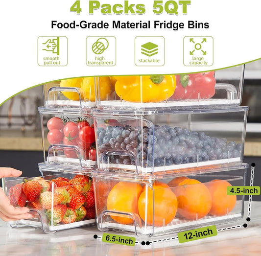 Refrigerator Drawer Organizer Bins, Clear Stackable Pull Out Fridge Organizers and Storage Container, with Strainer Layer for Fruits, Vegetables, Drinks, Snack and Food