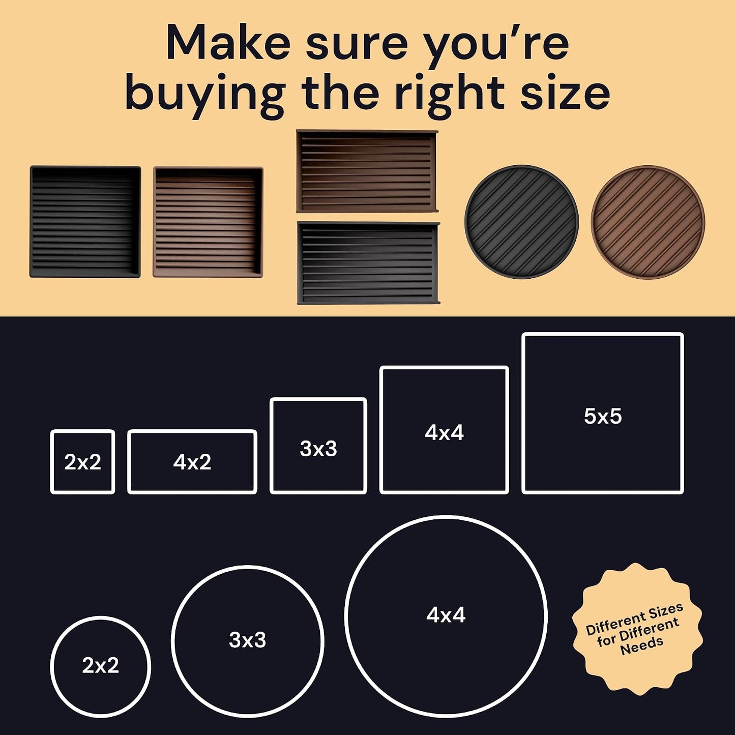 Non-Slip Furniture Pads - 4x4 in Brown, 4 Pack | Square rubber caster cups - anti-skid - Use for heavy sofas, beds & chairs on hardwood floors